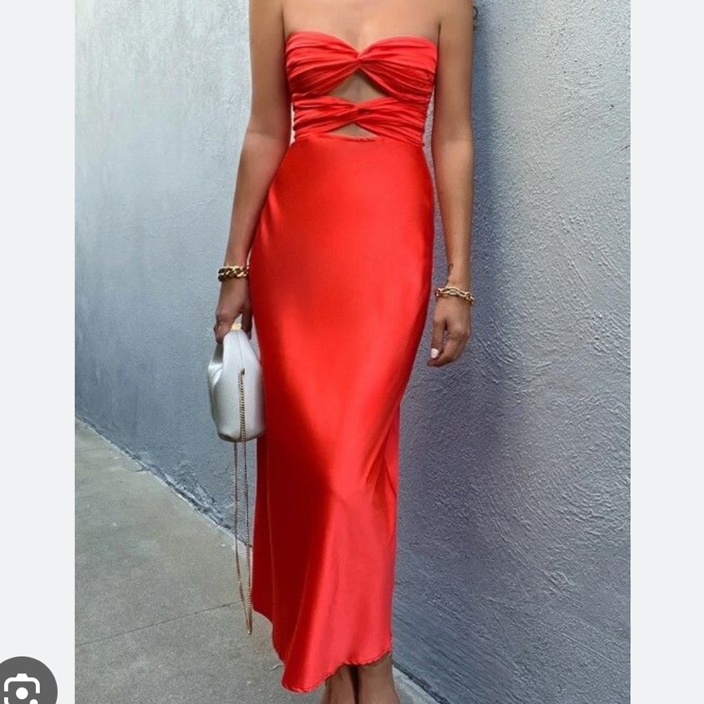 Red Ruched Strapless Sheath Dress